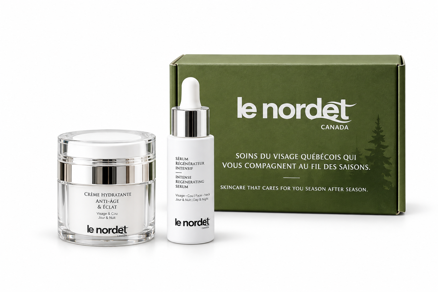 Le Sérum, la Crème et le coffret Le Nordet sur fond blanc.
