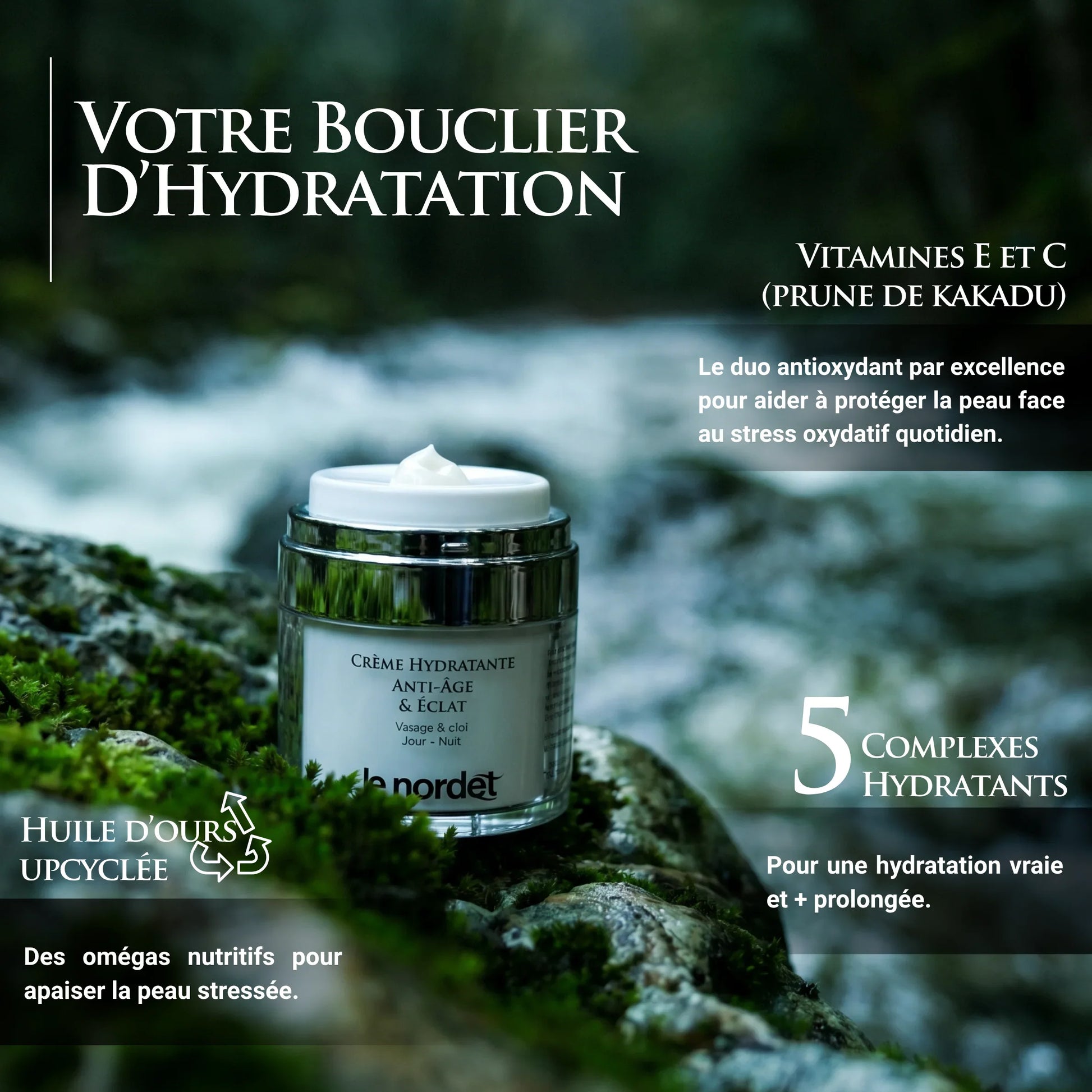 Luxury anti-aging face cream with natural ingredients, set against a forest stream backdrop for hydration and glow.