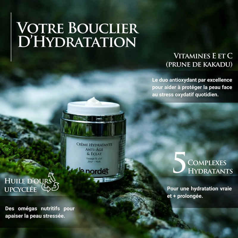 Luxury anti-aging face cream with natural ingredients, set against a forest stream backdrop for hydration and glow.