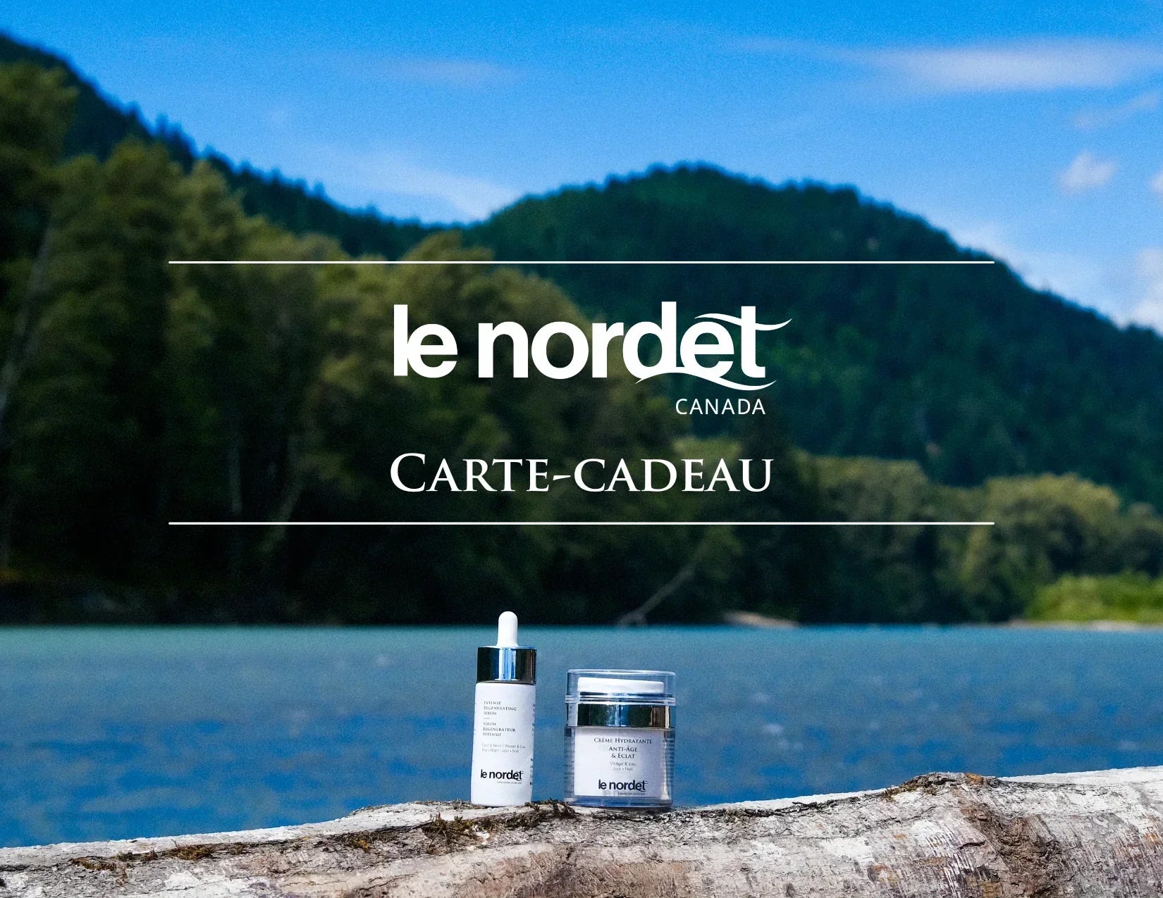 Le Nordet Canada skincare products on log by lake, featuring natural ingredients and forest backdrop