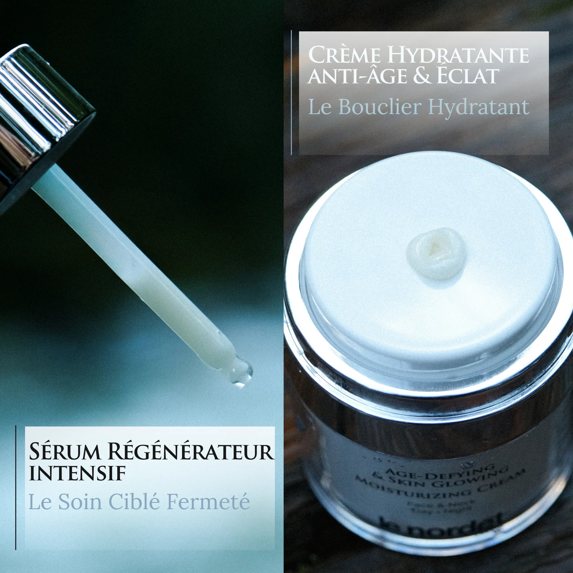 Luxury anti-aging moisturizing cream and regenerating serum with dropper for radiant skin care